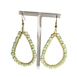 Dangle Womens Earrings Blue White Nautical Coastal Handmade Gold Blue White